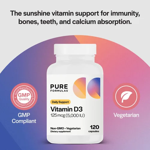 Vista 3 de PureFormulas Vitamina D3 5,000 UI 125 mcg - Suplemento de vitamina D pura para la formación saludable de huesos, dientes, salud cardiovascular