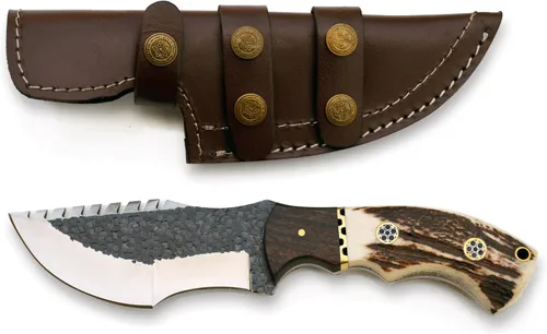 Vista 2 de Cuchillo de caza de Damasco con mango de asta de ciervo y funda de cuero (rastreador D2, hoja de 4.5 pulgadas)
