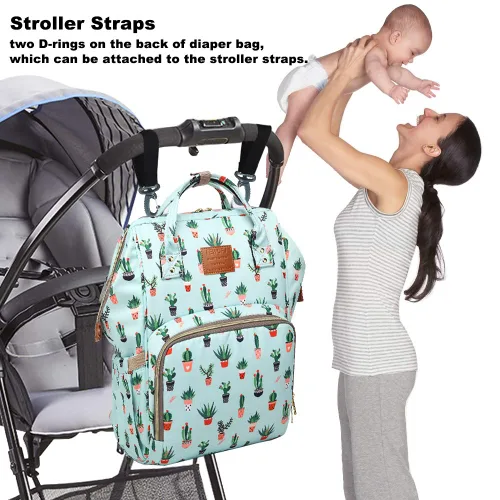 Vista 5 de Mochila para pañales de cactus, bolsa de pañales de viaje impermeable para el cuidado del bebé