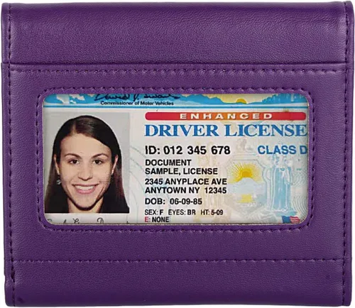 Vista 4 de Cartera pequeña y compacta de cuero para mujer, con bloqueo RFID, tarjetero para tarjetas de crédito para mujer, Púrpura, Cartera RFID