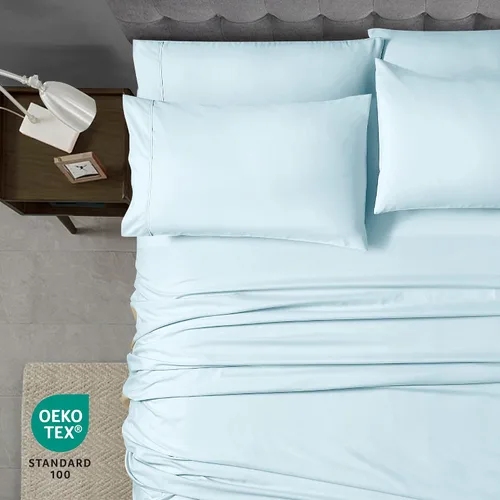 Vista 6 de Juego de sábanas Cathay Home Micro Caress lujoso, 90 g/m², 3 piezas, tamaño Twin, con 1 funda de almohada adicional, color Aqua