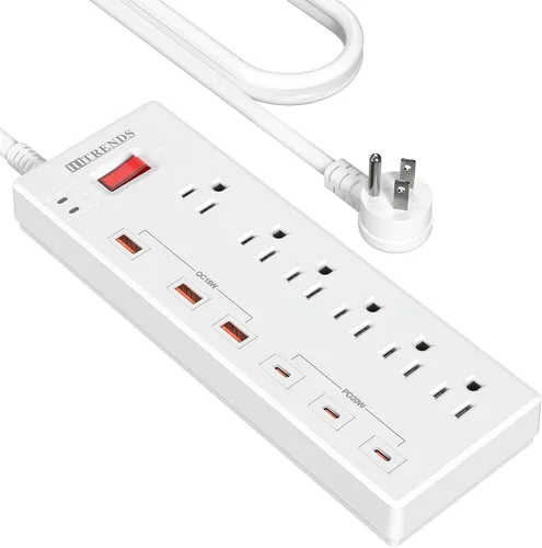 Vista 13 de HITRENDS - Regleta de alimentación con USB, cable de extensión de enchufe plano de 6 pies con 8 tomas, 3 puertos USB y 3 puertos tipo C (5V/3A)