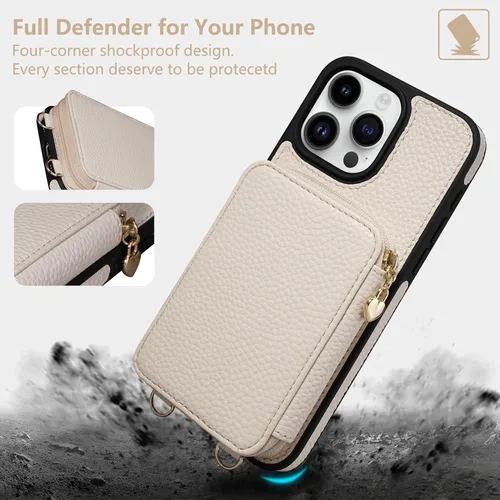 Vista 7 de Funda compatible con iPhone 15 Pro Max de 6.7 pulgadas, cremallera cruzada con ranuras para tarjetas de bloqueo RFID, soporte, cordón y correa