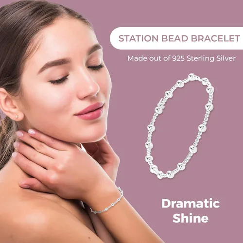 Vista 4 de Compra pulseras de plata de ley 925 LC para mujer, pulseras elásticas de plata de ley con cuentas de estación de bolas, joyería elástica