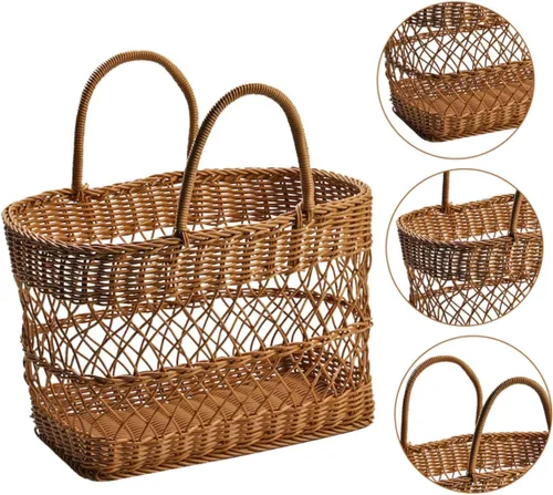 Vista 4 de Cesta tejida para comestibles Cesta de picnic Cesta de frutas portátil Suministros diarios