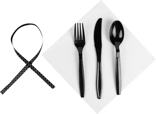 Vista 13 de Restaurantware - Juego de cubiertos desechables de 7.3 x 2 pulgadas, 100 juegos de cubiertos de plástico - Cinta de lunares, envuelta