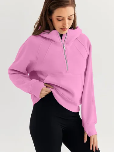 Vista 3 de WYNNQUE Sudadera corta con capucha para mujer, manga larga, forro polar, media cremallera, ropa de otoño