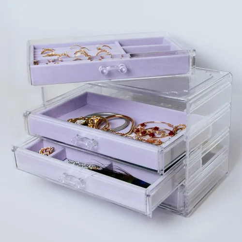 Vista 7 de The TopCherry Organizador de joyas de acrílico con 4 cajones, organizador de aretes, caja de joyería transparente, anillos, collares, pulseras
