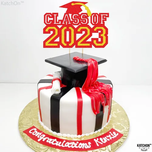 Vista 7 de KatchOn, Decoración para pastel de graduación con brillantina, enorme, 8 pulgadas, decoración de pastel de felicitaciones rojas de clase de 2023
