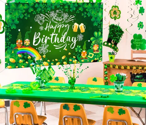 Vista 3 de Decoraciones de cumpleaños del día de San Patricio, pancarta de fondo de feliz cumpleaños del día de San Patricio, trébol de la suerte, trébol