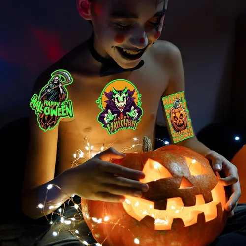 Vista 3 de winthrop 100 tatuajes temporales luminosos de Halloween para niños, envueltos individualmente que brillan en la oscuridad, tatuajes impermeables