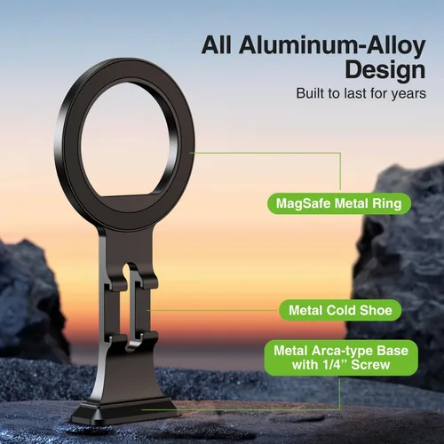 Vista 3 de elitehood Soporte para trípode Magsafe de aluminio, soporte de teléfono compacto para trípode con placa de liberación rápida Arca Swiss y adaptador