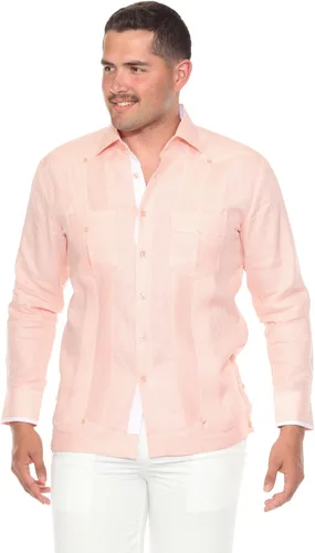 Vista 7 de Mojito - Guayabera de manga larga para hombre, 100% lino, panel de contraste y pliegues tonales