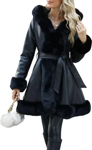 Vista 8 de Bellivera Women's Faux Leather Jacket Furry Trim Parka Coat Negro
