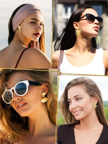Vista 4 de 6 pares de aretes dorados para mujeres y niñas, aretes geométricos grandes dorados tejidos trenzados de hoja de ginkgo para regalos de joyería