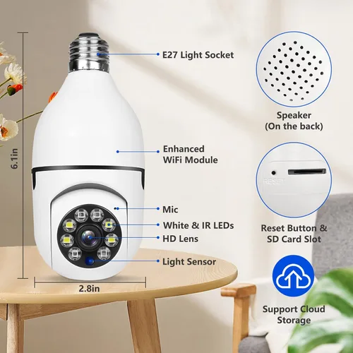 Vista 6 de Cámara de seguridad con bombilla 5G WiFi de doble banda, 360 grados 1080P inalámbrica para interiores a todo color, cámara domo inteligente