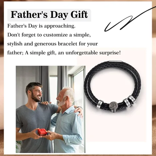Vista 2 de Pulsera de cuero personalizada para hombre, con foto grabada personalizada, 1-6 nombres, cuentas para hombre, pulseras para padre, placa de nombre
