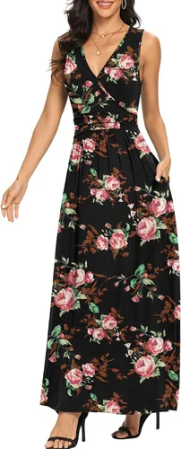 Vista 3 de Lilbetter - Vestido largo, simple, sin mangas, escote en V profundo, color liso, suelto, informal, para mujer