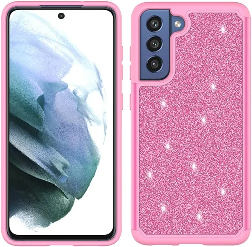 Vista 7 de Diseñada para Samsung Galaxy S21 FE Phone Glitter Case con vidrio templado, resistente de doble capa a prueba de golpes, funda protectora