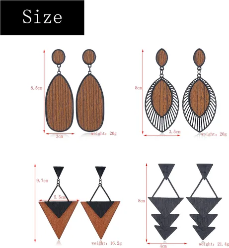 Vista 2 de 4 pares de pendientes geométricos de madera de madera con forma de lágrima de círculo redondo y pendientes de madera étnico natural de madera