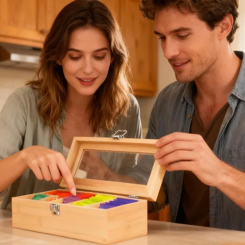 Vista 5 de Organizador de almacenamiento de bolsas de té de bambú, bolsa de té de madera, caja de almacenamiento de 5 compartimentos con tapa transparente