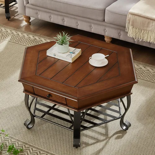 Vista 8 de Mesa de centro de madera hexagonal retro con parte superior de madera, mesa de centro de mediados de siglo de 2 niveles con cajón y patas de metal