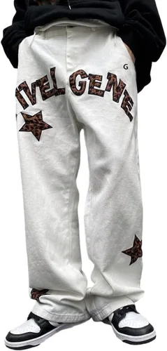 Vista 6 de Harajuku Star Leopard Jeans Letra Print Jeans Gótico Loose High Street Straight Hip Hop Jeans Negro