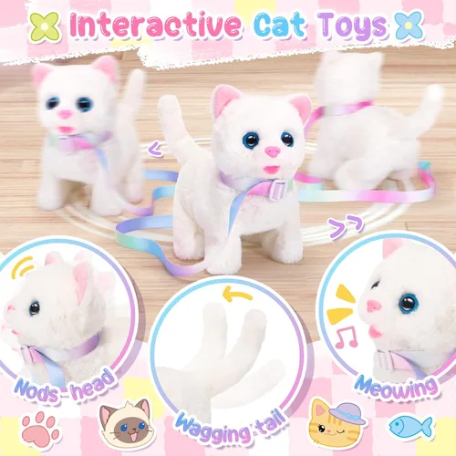 Vista 4 de NINAOR Juguetes interactivos para gatos para niños con bolsas bandolera, peluche de gato con correa para caminar y maullar, juguete de robot gatito