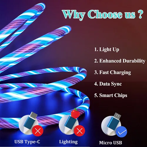 Vista 2 de Cable de carga micro USB, cable de carga brillante con luz LED de 6.6 pies, cable de carga rápida para Samsung Galaxy S7 S6 S5, Note 5, Kindle