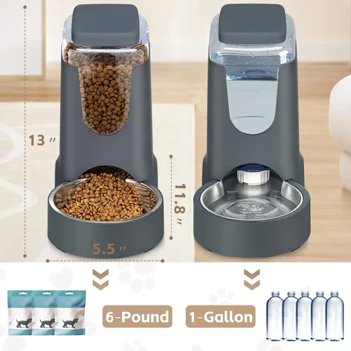 Vista 2 de Comedero y dispensador de agua automático para gatos con cuenco de acero inoxidable, comedero por gravedad para perros y bebedero para mascotas