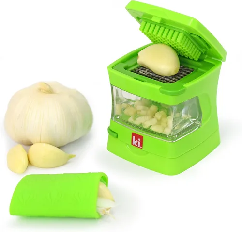 Vista 13 de Prensa de ajo Garlic-A-Peel, trituradora, cortador, picadora y contenedor de almacenamiento - Incluye pelador de ajo de silicona - Fácil de limpiar
