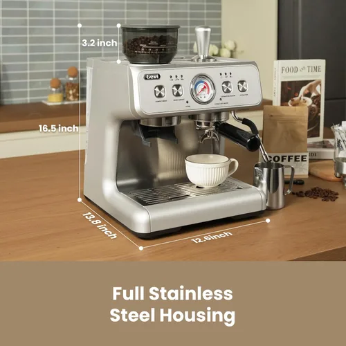 Vista 4 de Gevi Máquina de café expreso de doble caldera con molinillo incorporado, portafiltro comercial de 2.283 in, varita de vapor barista, 31 ajustes