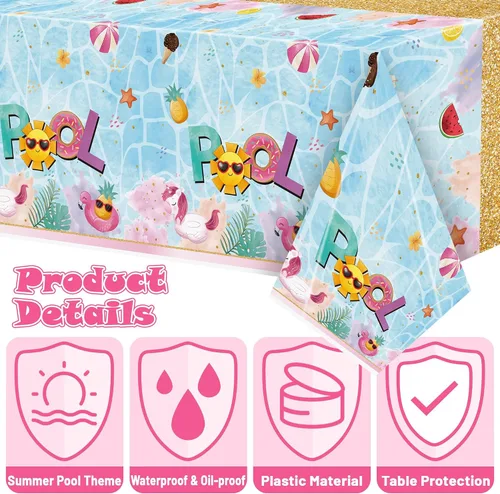 Vista 4 de Mantel de mesa para decoración de fiesta, 3 paquetes de mantel de plástico rectangular desechable para piscina de verano, baby shower, cumpleaños