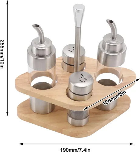 Vista 5 de Cyrank Juego de salero y pimienta, dispensador de aceite de oliva y vinagre con soporte de madera, dispensador de especias de vidrio para el hogar