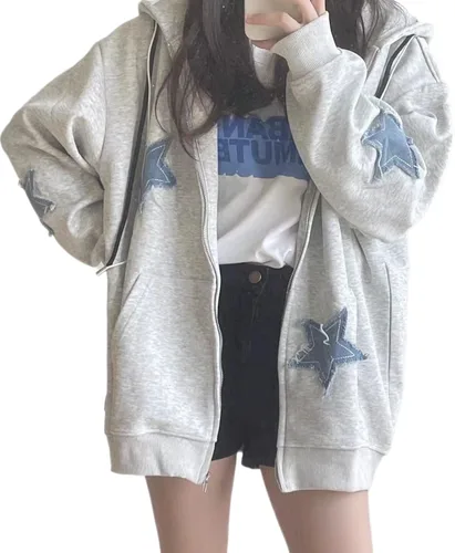 Vista 3 de Sudadera con capucha Y2K Harajuku coreana suelta con parche de estrella y cadena para mujer