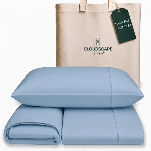 Vista 13 de Cloud Scape Linen - Juego de sábanas de algodón egipcio de doble capa, tamaño individual, tejido de satén de fibra larga, juego de 3 piezas, ropa