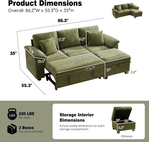 Vista 3 de Ihanherry Sofá modular de 86 pulgadas con cama extraíble, sofá cama modular en forma de L de 4 plazas con otomana de almacenamiento, sofás Verde