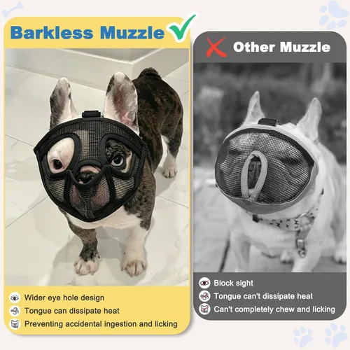 Vista 3 de BARKLESS Bozal de bulldog francés, bozal corto de malla para perro con diseño de lengua hacia fuera para perro de cara plana Shih Tzu Bulldog Negro