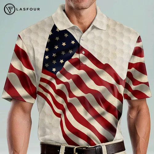 Vista 4 de LASFOUR Polo de golf divertido personalizado para hombre, con bandera americana, polo de golf orgulloso, patriótico 3D para hombre