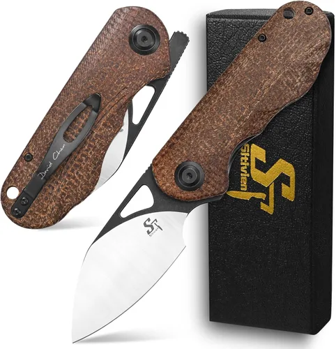 Vista 10 de Sitivien Sandvik - Cuchillo plegable de bolsillo, hoja de acero Sandvik 14C28N con mango de Micarta, cuchillos de herramientas EDC de la serie
