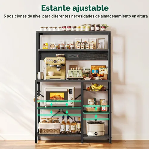 Vista 5 de SUPERJARE Estante de panadería con toma de corriente, barra de café de 35.4 pulgadas con canasta de alambre, soporte para microondas de cocina con 6