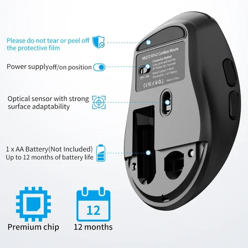 Vista 2 de Ratón silencioso Bluetooth, mouse ergonómico para computadora con botones laterales, ratones silenciosos BT4.2 sin receptor USB, batería de 18