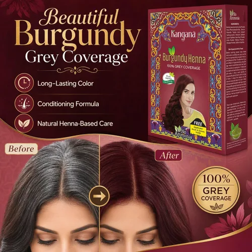 Vista 3 de Kangana Polvo de henna burdeos para una cobertura del 100% de las canas, polvo de henna natural para teñir el cabello, 5 bolsas