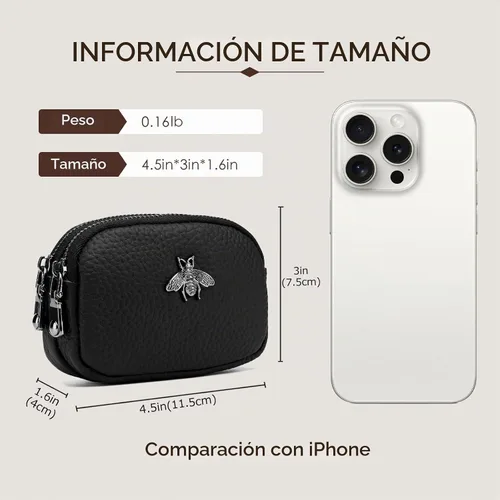 Vista 3 de Monedero de cuero para mujer, billetera pequeña para mujer, bolsa de cambio A-Negro