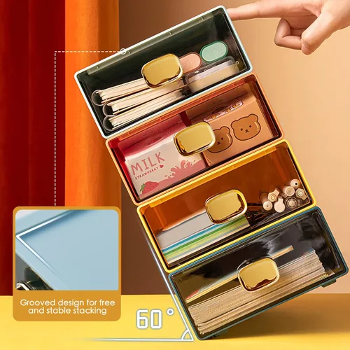 Vista 4 de Paquete de 2 organizadores de escritorio apilables con cajón, caja de almacenamiento de escritorio, organizador de papelería de escritorio