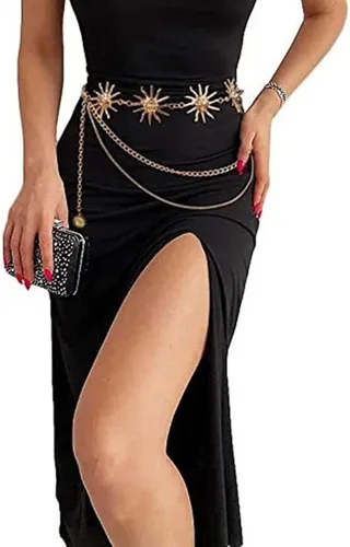 Vista 4 de Cadena de cintura, cinturones de cadena dorada para mujer, borlas largas ajustables, cadena para el vientre, accesorios de joyería