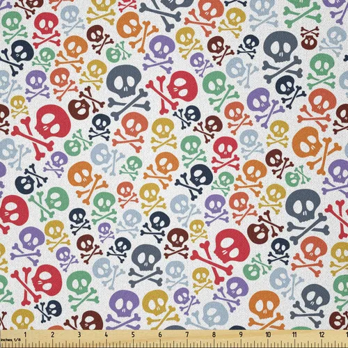 Vista 124 de Ambesonne The Yard, tela de calavera colorida con temática de Halloween, diseño de calavera y huesos cruzados, divertido estampado de dibujos