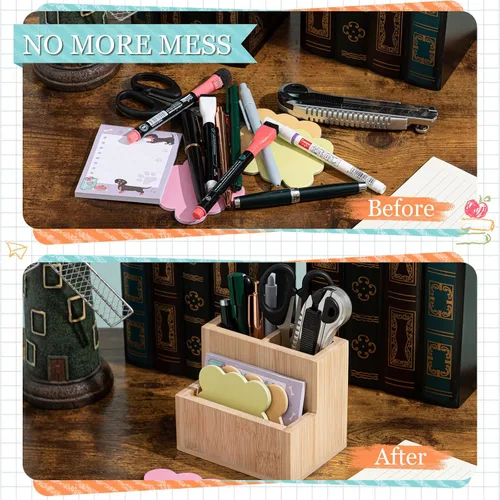 Vista 3 de Maitys Soporte para bolígrafo de madera de bambú para escritorio, organizador de control remoto con 3 compartimentos, accesorios de escritorio