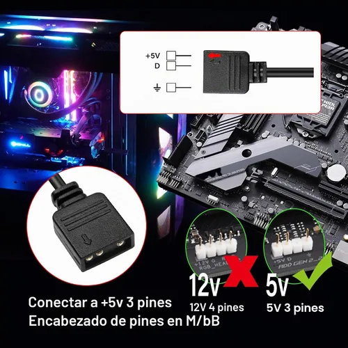 Vista 6 de GINTOOYUN Cable de extensión RGB, cable adaptador de conector ARGB hembra de 3 pines a SM 3 pines, cable de extensión RGB direccionable de 5 V y 3