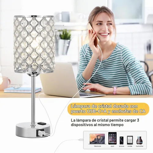 Vista 2 de Hong-in - Lámpara de mesa de cristal, control táctil con puertos de carga USB-C y USB-A y salidas de AC, lámpara de noche regulable de 3 vías